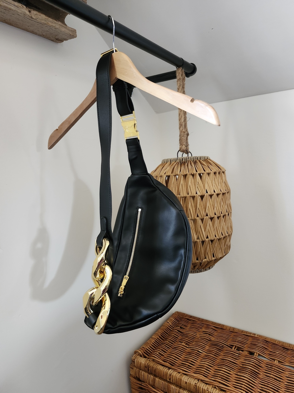 Black Leather Crossbody Bag with Gold Chain Accent